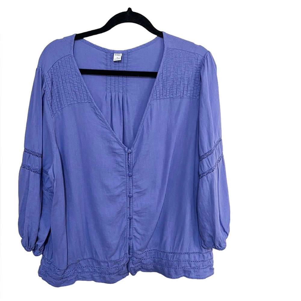 Old Navy XL Top Crotchet Pleated Linen Blend 3/4 Sleeve Women Button Up Lace